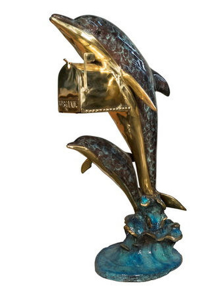 Two Dolphin Mailbox Bronze Sculptures Swimming Statuary Artwork